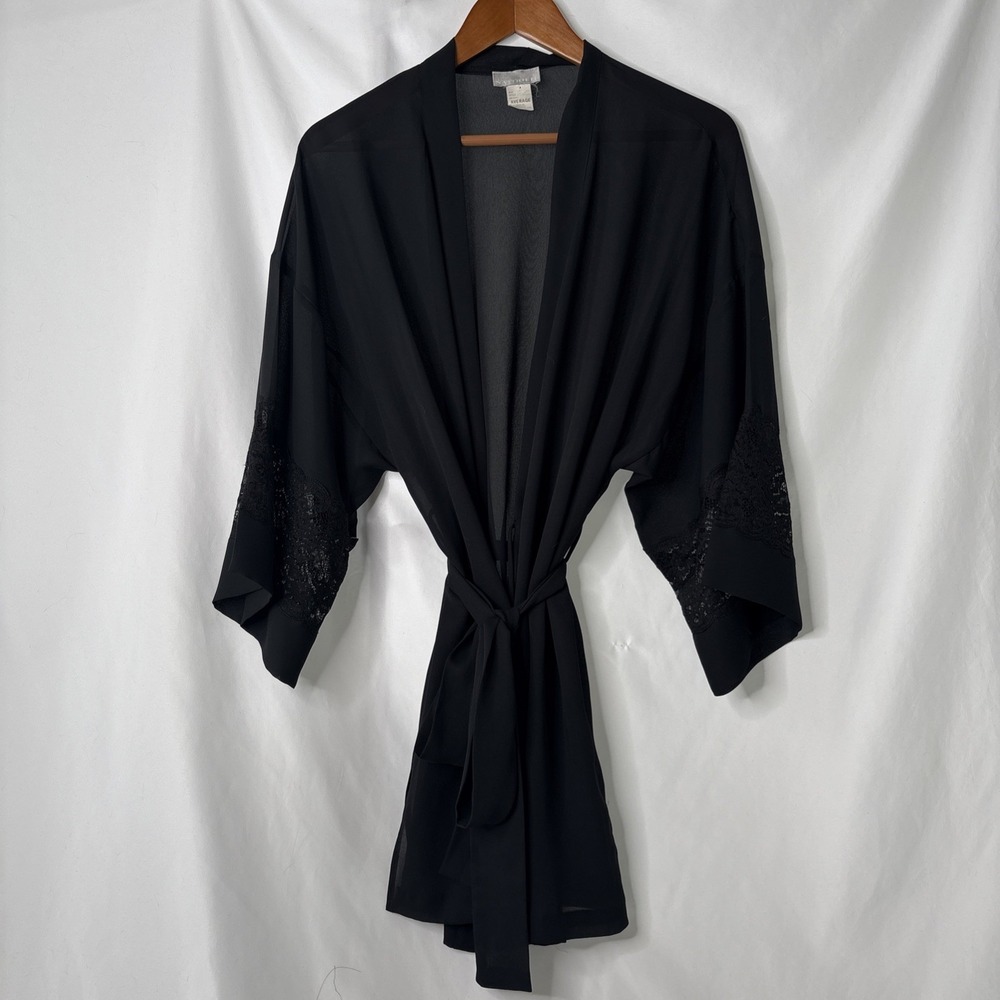 Natori II Sz Average Black Sheer Belted Robe Q47943 3/4 Length‎ Sleeve Lace Midi